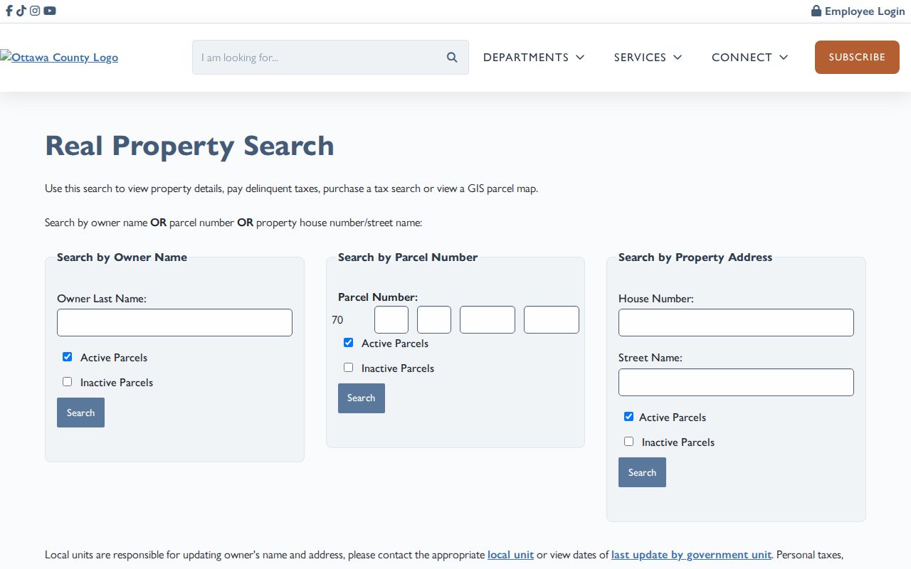 Ottawa County residents directory property-search fields for owner, parcel, and address